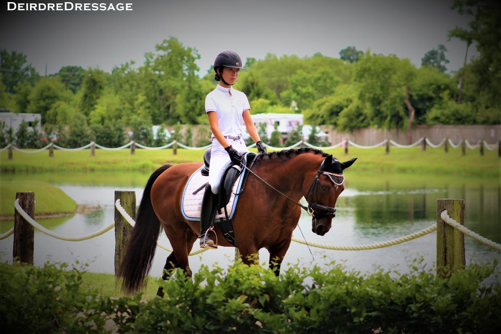 Yuka riding a bay horse beside a pond
